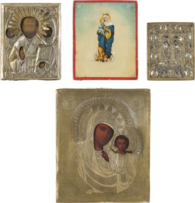 Auktion 161<br>DREI IKONEN UND BRONZEIKONE MIT GNADENBILDERN DER GOTTESMUTTER UND DEM HEILIGEN NIKOLAUS VON MYRA