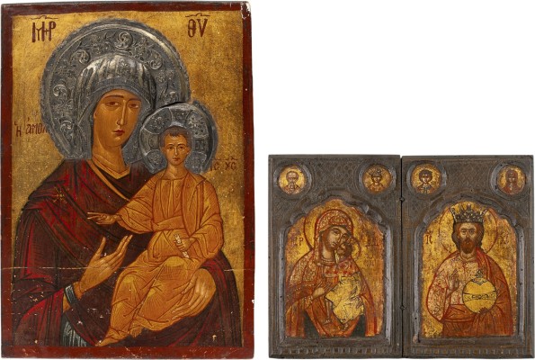 Auction 161<br>GROSSE IKONE MIT DER GOTTESMUTTER HODEGETRIA UND DIPTYCHON MIT DER GOTTESMUTTER UND CHRISTUS PANTOKRATOR