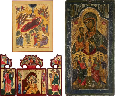 Auktion 161<br>TRIPTYCHON UND ZWEI IKONEN: GNADENBILDER DER GOTTESMUTTER, GEBURT CHRISTI UND DIE ZWÖLF APOSTEL