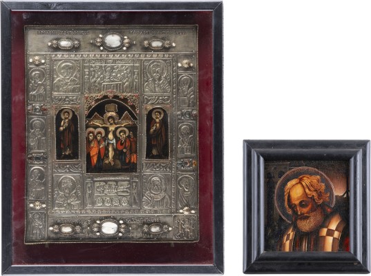 Auction 161<br>ZWEI RELIGIÖSE DARSTELLUNGEN: HEILIGER NIKOLAUS VON MYRA UND KREUZIGUNG CHRISTI MIT HEILIGEN